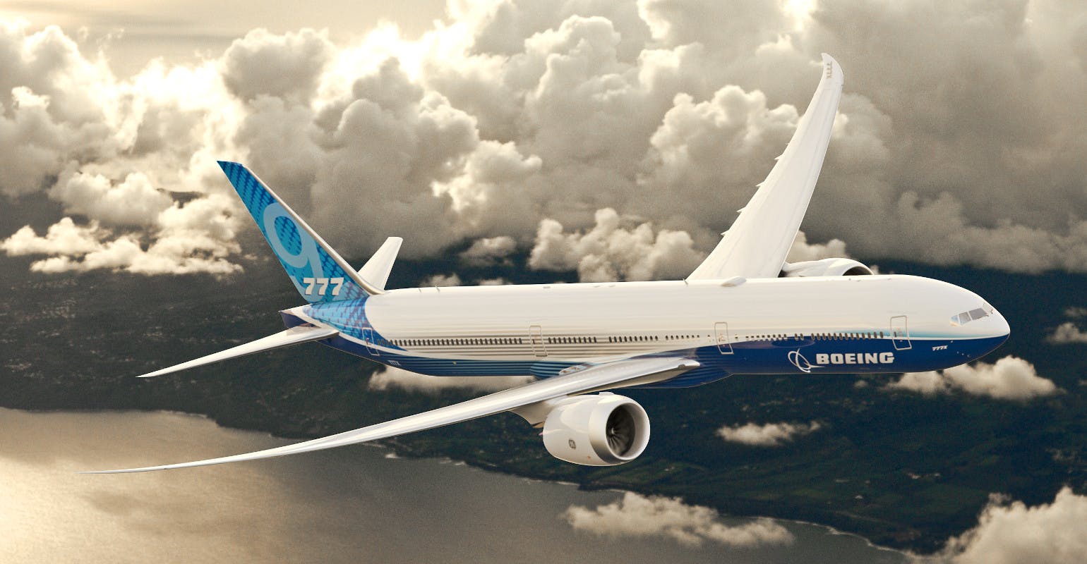 Boeing 777X aircraft shown in flight.