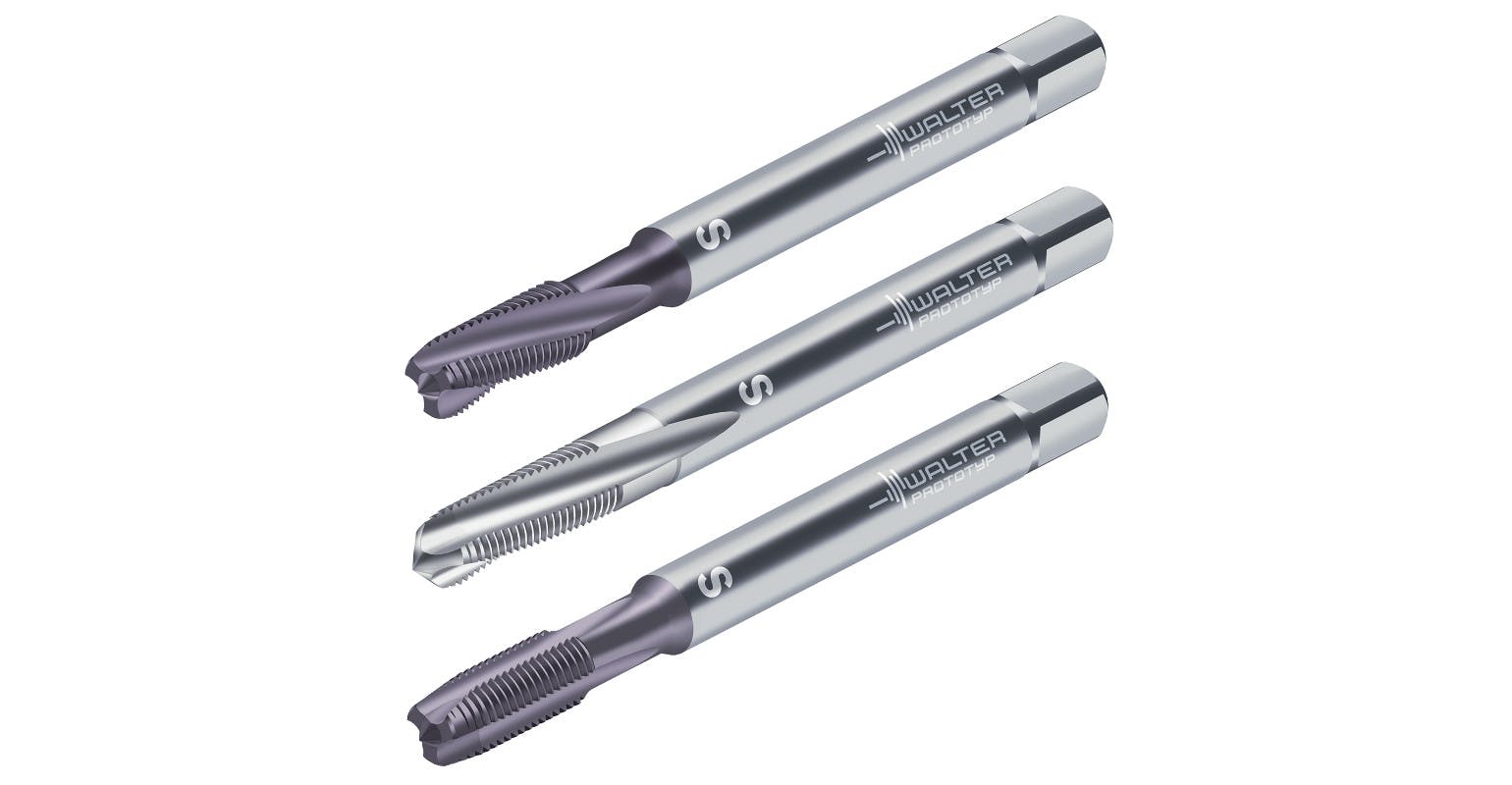The new taps include (top to bottom) Paradur&circledR; Ti Plus for threading blind holes in titanium alloys; Paradur&circledR; Ni 10 for tapping nickel-based super alloys, such as Inconel 718; and Prototex&circledR; TiNi Plus for through-hole threading titanium and nickel-based super alloys.