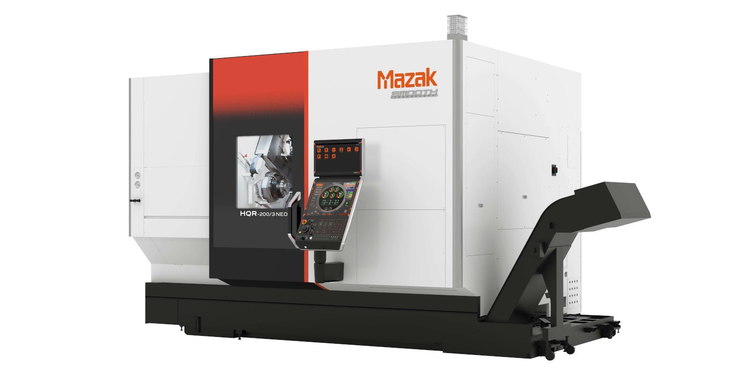 The Mazak HQR 200/3 NEO (shown) and the HQR 250/3 NEO have two spindles and three turrets, for Done In One part processing and high-volume throughput in single set-ups.