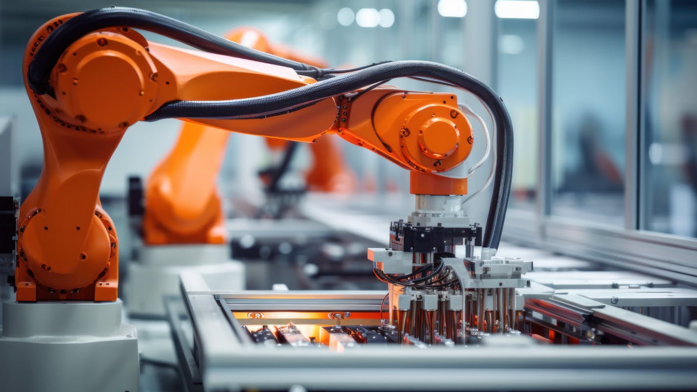 Robot arms on automated EV battery components production line.