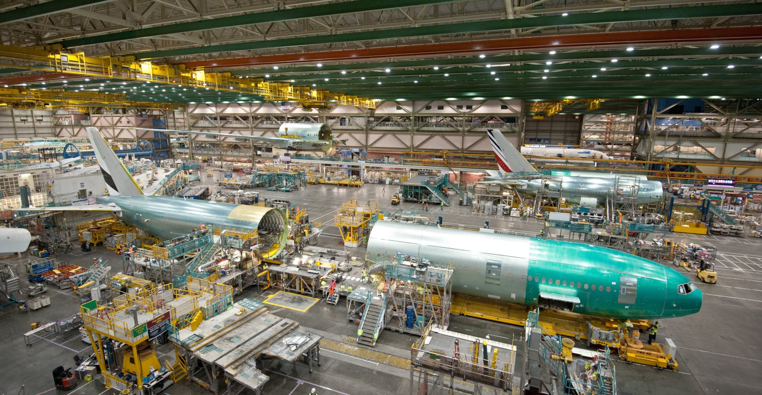 Boeing&rsquo;s 1,000th 777 moves into the final body join position. This is where the three sections &ndash; front, mid and aft &ndash; come together. Shown here are the front and aft section of the airplane. When completed in this position the airplane will move to its next position final assembly.
