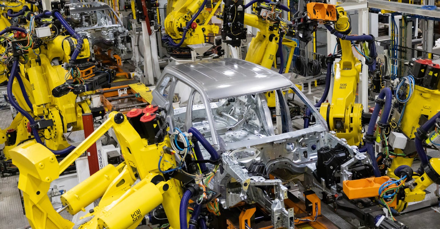 A body-in-white travels through the body shop at the Detroit Assembly Complex &ndash; Jefferson where more than 900 robots perform various welds on the doors, hoods and tailgates for the Jeep&circledR; Grand Cherokee or Dodge Durango.