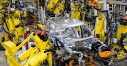 A body-in-white travels through the body shop at the Detroit Assembly Complex – Jefferson where more than 900 robots perform various welds on the doors, hoods and tailgates for the Jeep® Grand Cherokee or Dodge Durango. A body-in-white travels through the body shop at the Detroit Assembly Complex – Jefferson where more than 900 robots perform various welds on the doors, hoods and tailgates for the Jeep® Grand Cherokee or Dodge Durango.