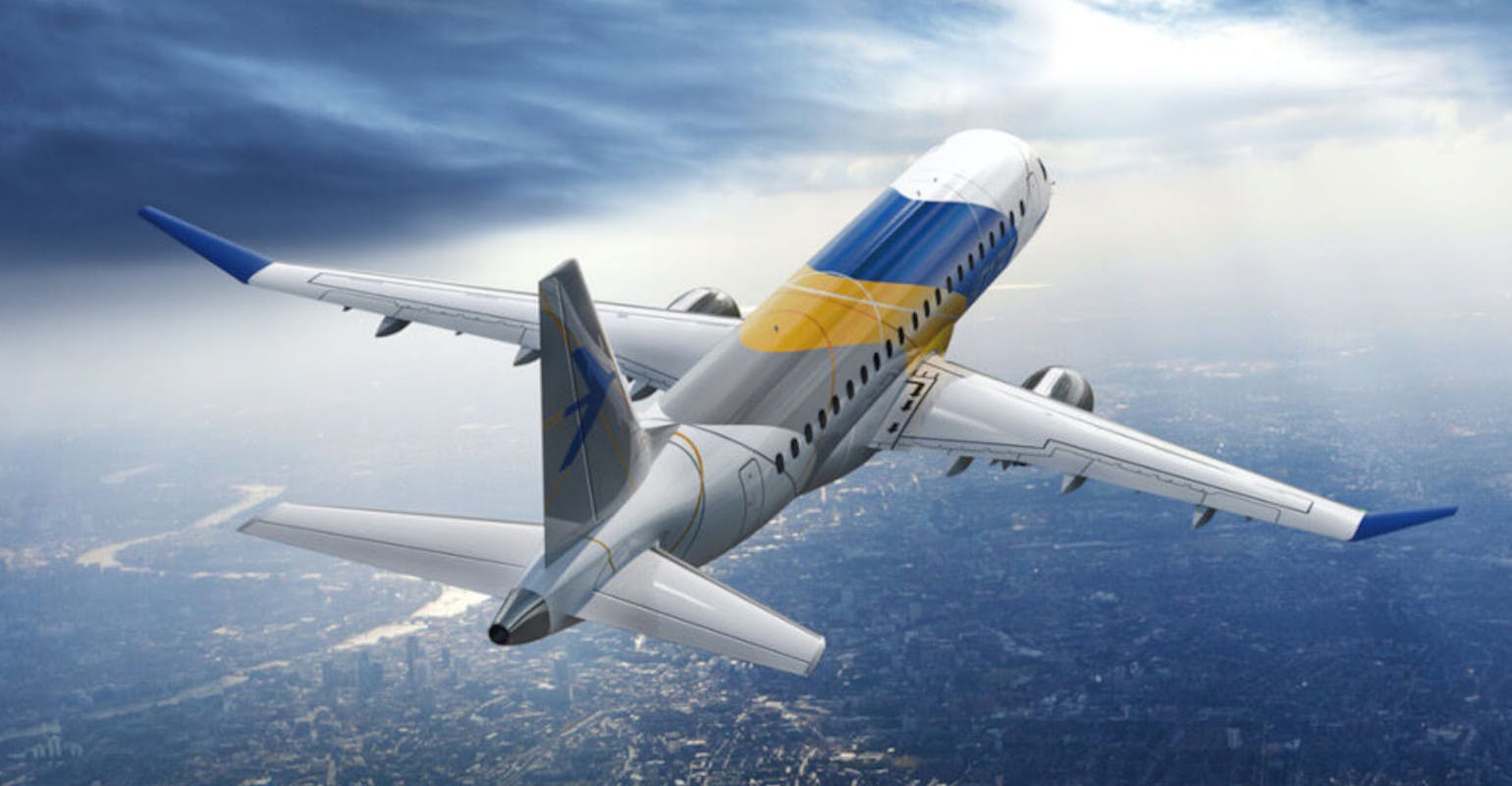 Embraer E-Jet illustrated in flight over London, England.