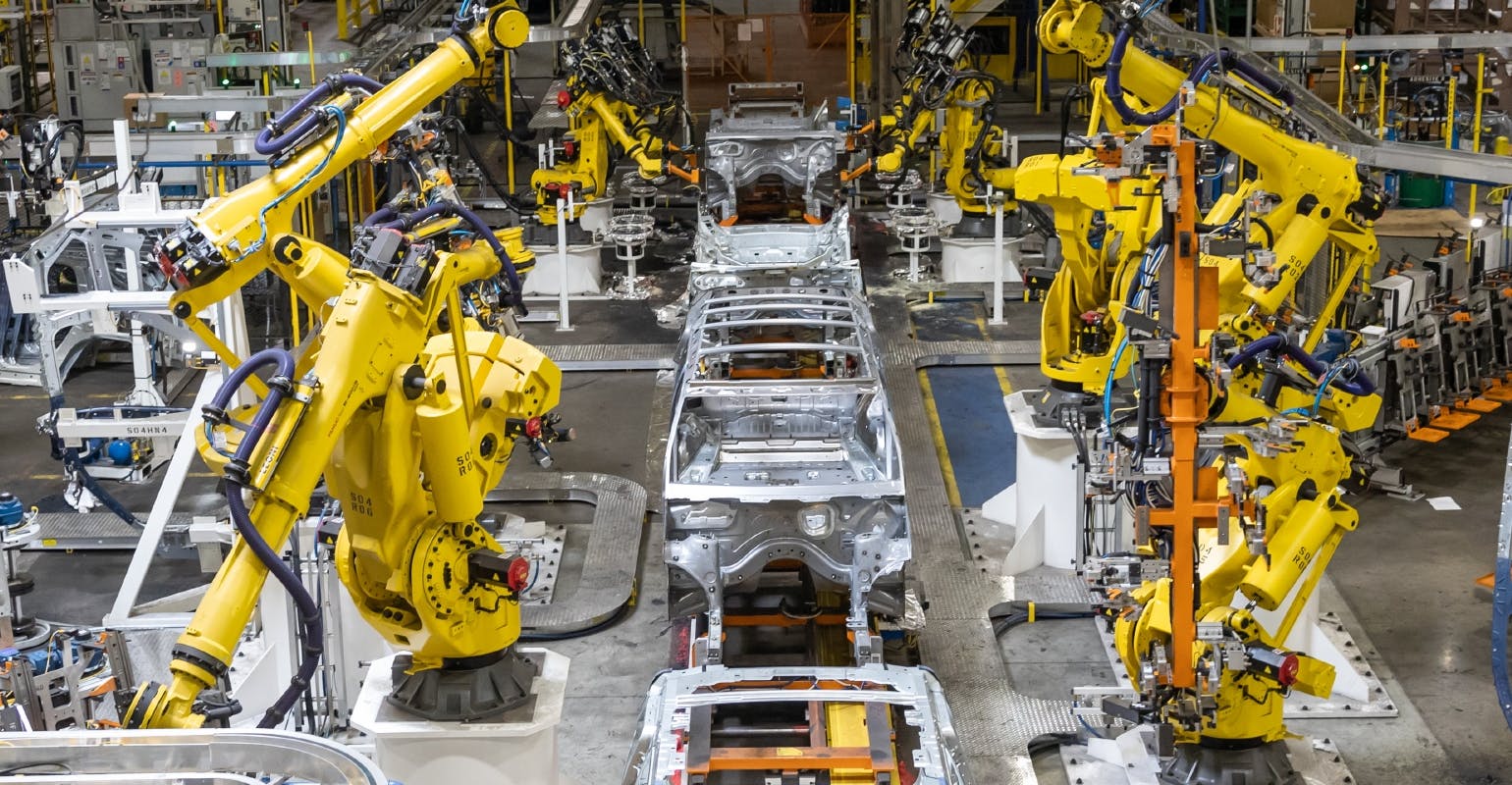 Bodies-in-white travel down the line in the body shop at the Detroit Assembly Complex &ndash; Jefferson where more than 900 robots weld the frames of the Jeep&circledR; Grand Cherokee and Dodge Durango.