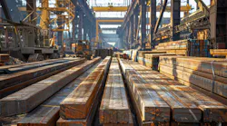 Staging area; steel slabs prepared for processing; AI generated.