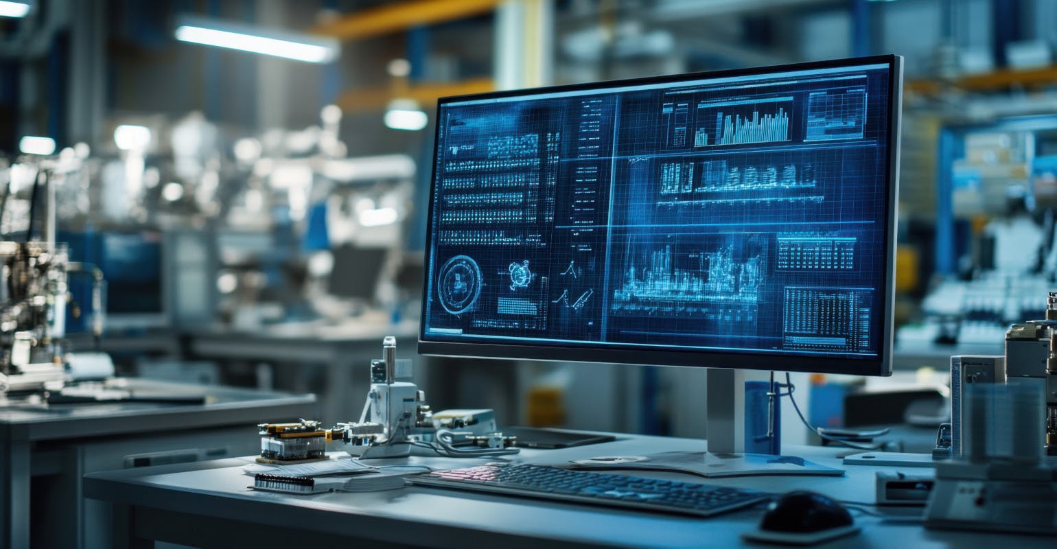 Workstation with analytics display in a high-tech manufacturing facility.