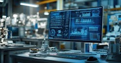 Workstation with analytics display in a high-tech manufacturing facility. Workstation with analytics display in a high-tech manufacturing facility.