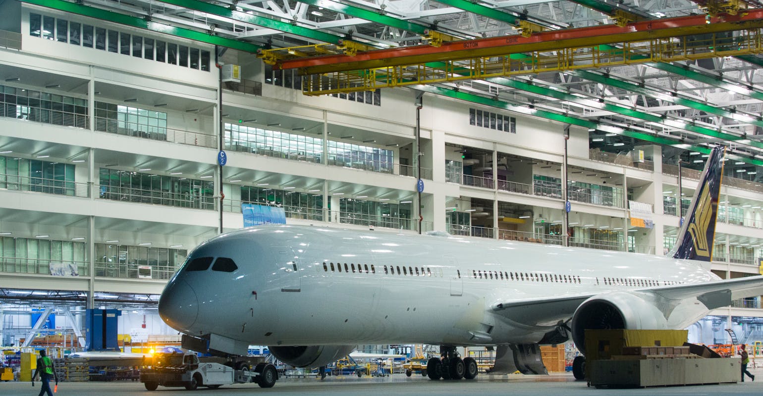 The first 787-10 completed by Boeing at North Charleston, S.C., for Singapore Airlines.