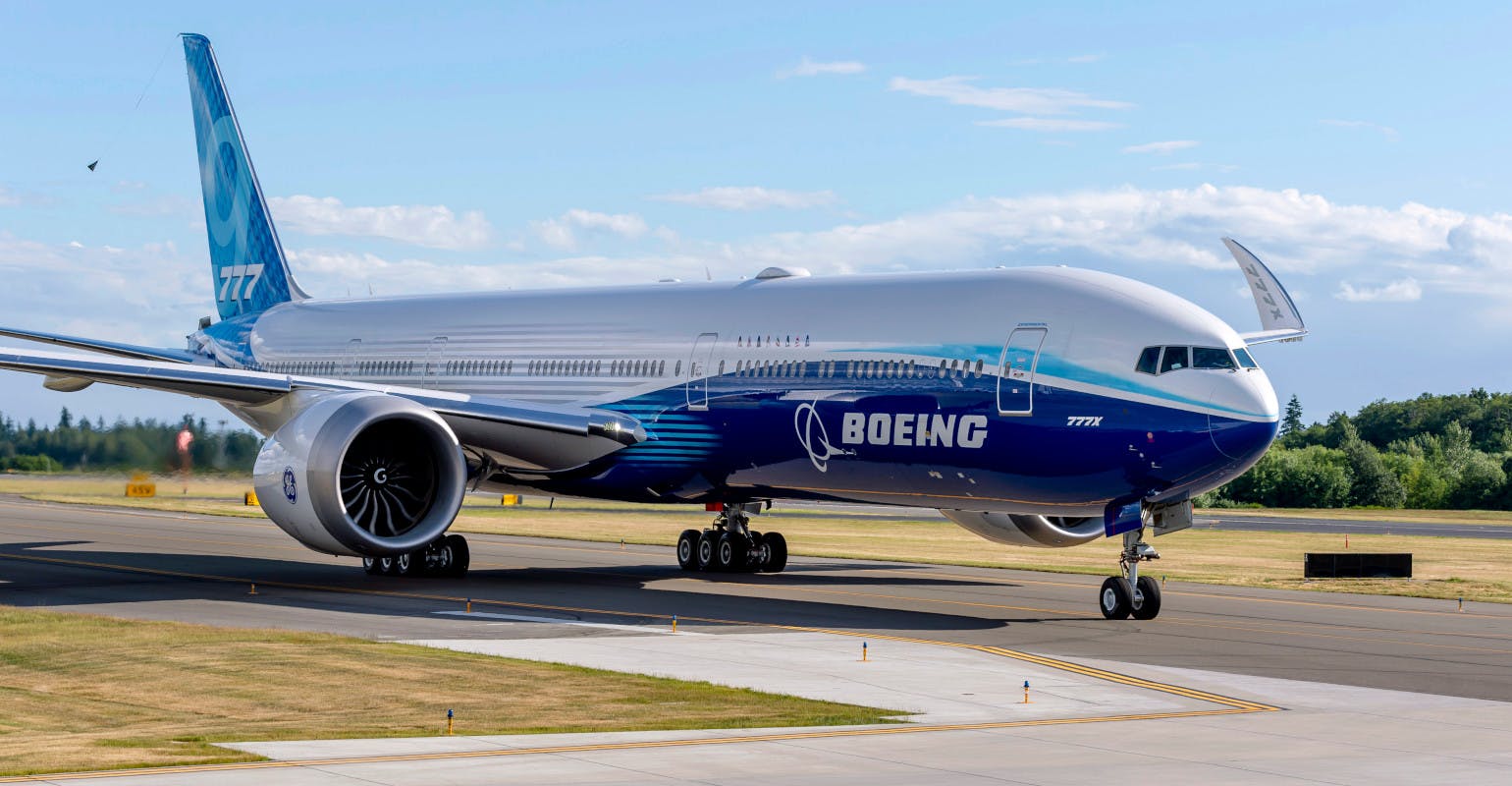 Boeing 777X aircraft shown on the tarmac in Everett, Wash.