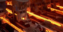 Multi-strand continuous casting of steel billets. Multi-strand continuous casting of steel billets.