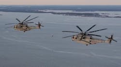 Two USMC CH-53K King Stallion heavy-lift transport helicopters. Two USMC CH-53K King Stallion heavy-lift transport helicopters.