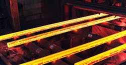 Multi-strand continuous casting of steel billets. Multi-strand continuous casting of steel billets.