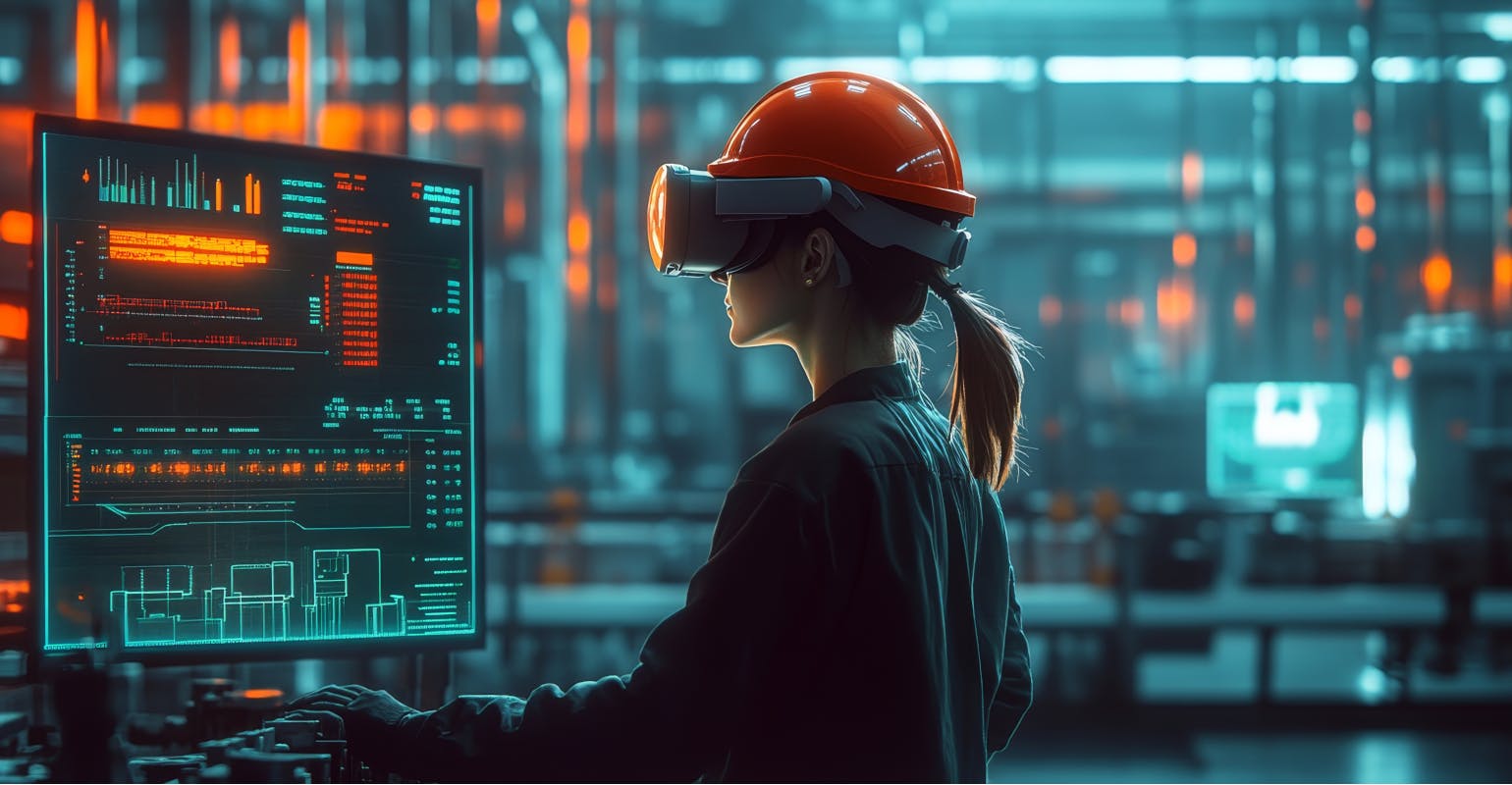 Worker in a safety helmet using VR technology in a manufacturing plant.