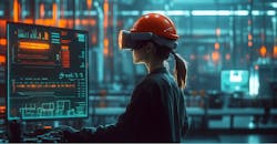Worker in a safety helmet using VR technology in a manufacturing plant. Worker in a safety helmet using VR technology in a manufacturing plant.
