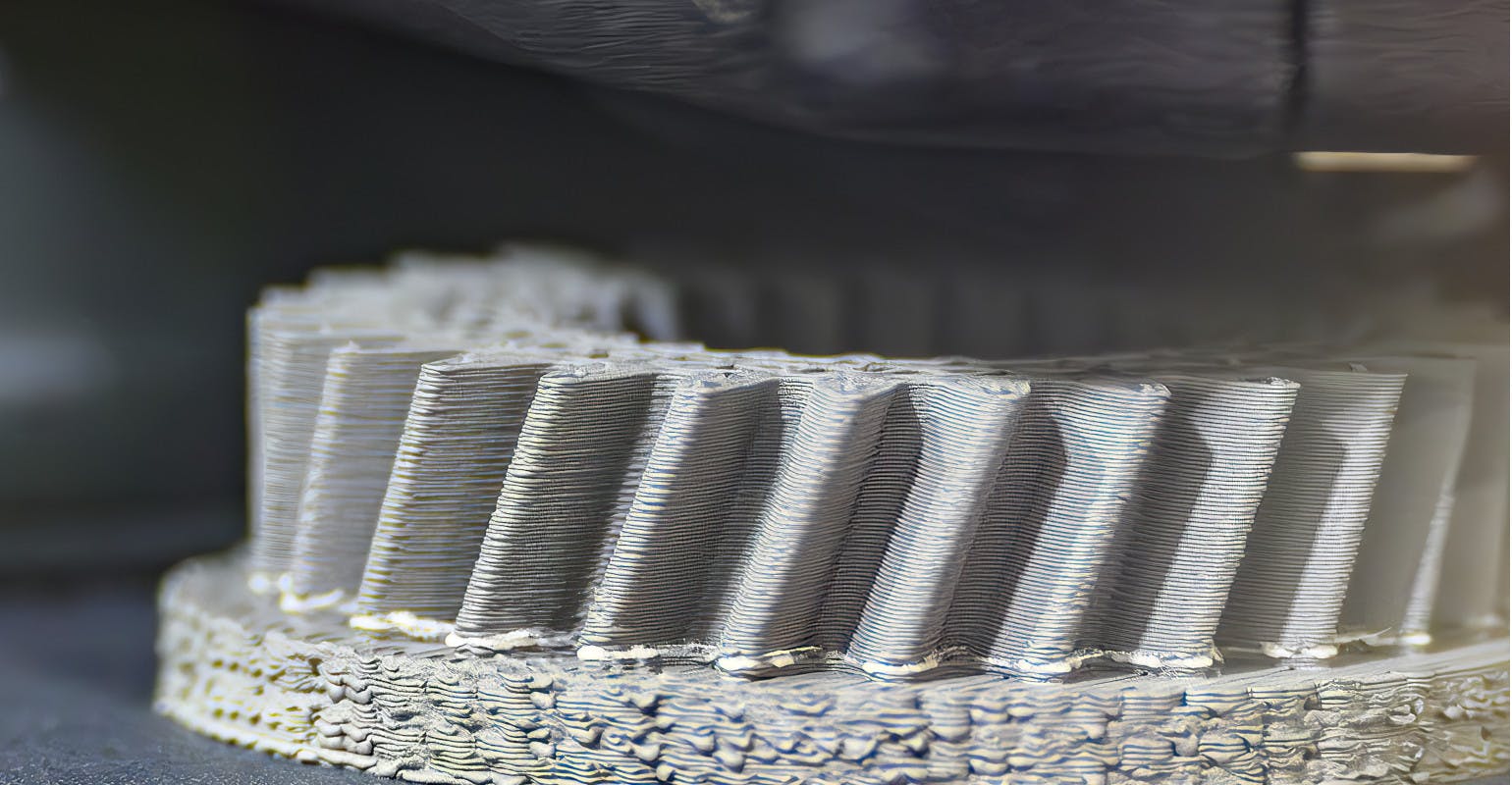 Close up view of metal 3D printing of a bevel gear.