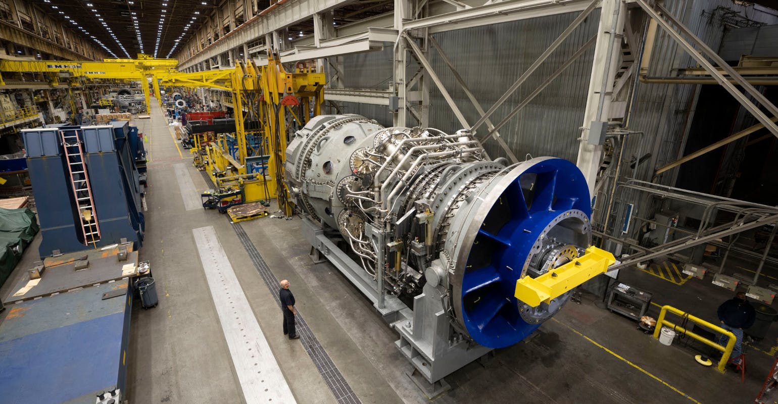 GE Vernova&rsquo;s Greenville, S.C., gas turbine assembly line.