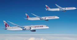 Boeing 787 Dreamliner and 777-9 widebody jets, illustrated in Qatar Airways livery. Boeing 787 Dreamliner and 777-9 widebody jets, illustrated in Qatar Airways livery.