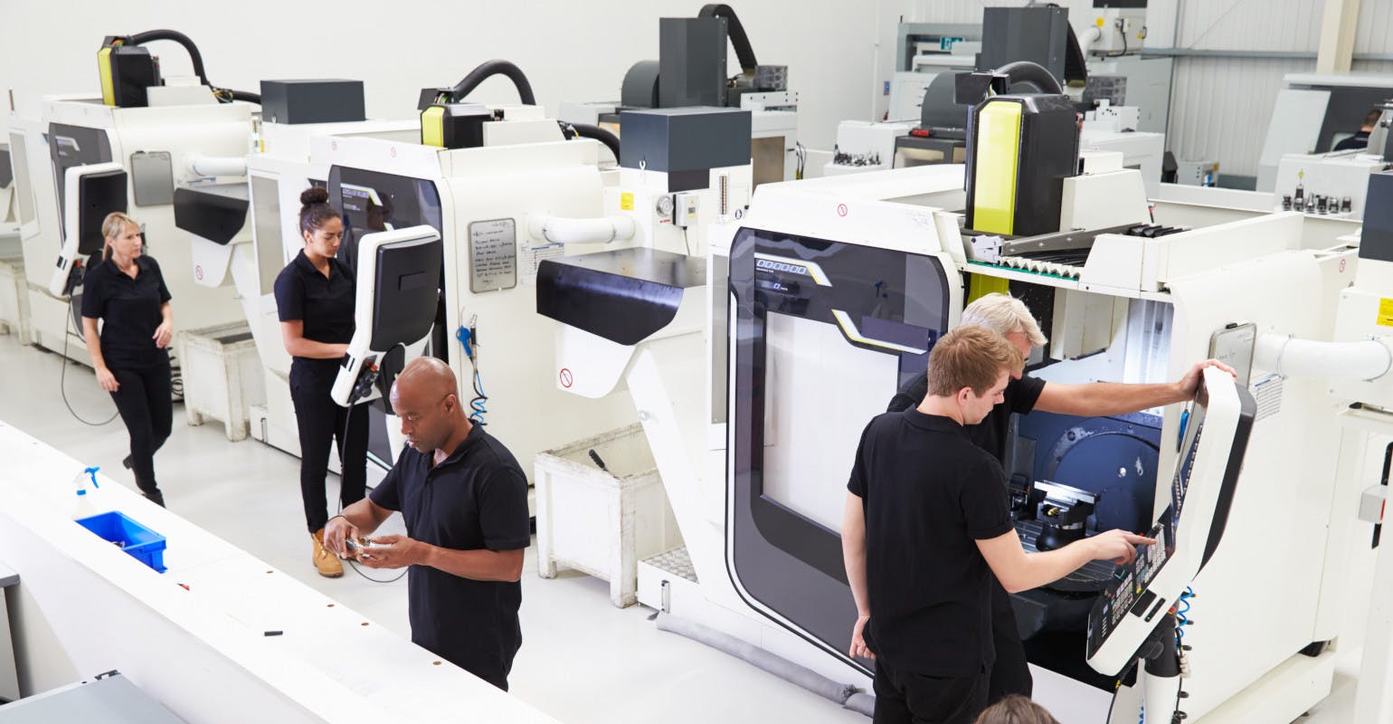 High-angle view of CNC machine shop.