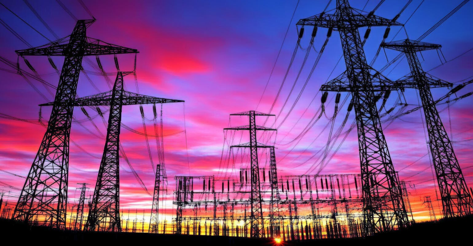 Transmission towers and electrical substation, at sunset.