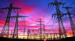 Transmission towers and electrical substation, at sunset. Transmission towers and electrical substation, at sunset.