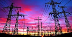 Transmission towers and electrical substation, at sunset. Transmission towers and electrical substation, at sunset.