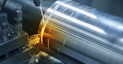 Lathe cutting of a steel rod in the light blue scene. Lathe cutting of a steel rod in the light blue scene.