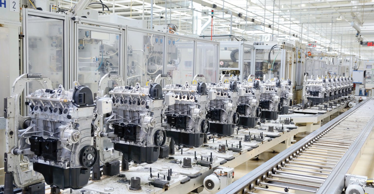 Automated assembly line for automotive engines.