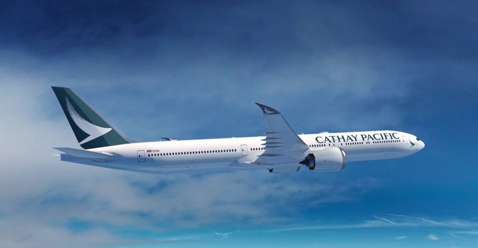 A Boeing 777-9 depicted illustrated in Cathay Pacific livery.