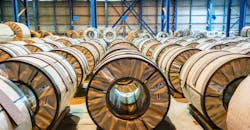 Hot-rolled steel coil, packaged for shipping. Hot-rolled steel coil, packaged for shipping.