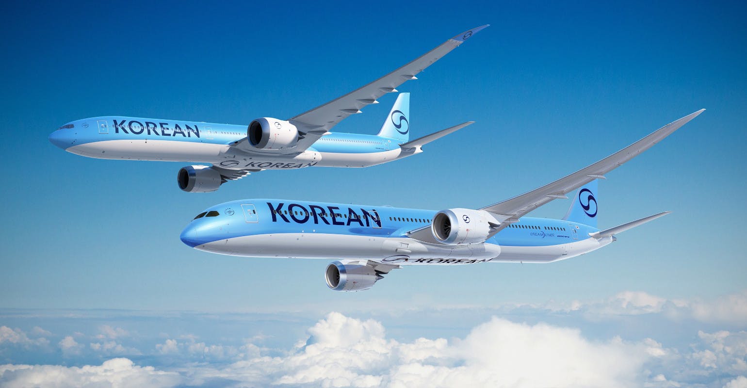 A Boeing 777-9 and Boeing 787-10 Dreamliner illustrated in Korean Air&rsquo;s new livery.