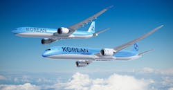 A Boeing 777-9 and Boeing 787-10 Dreamliner illustrated in Korean Air’s new livery. A Boeing 777-9 and Boeing 787-10 Dreamliner illustrated in Korean Air’s new livery.