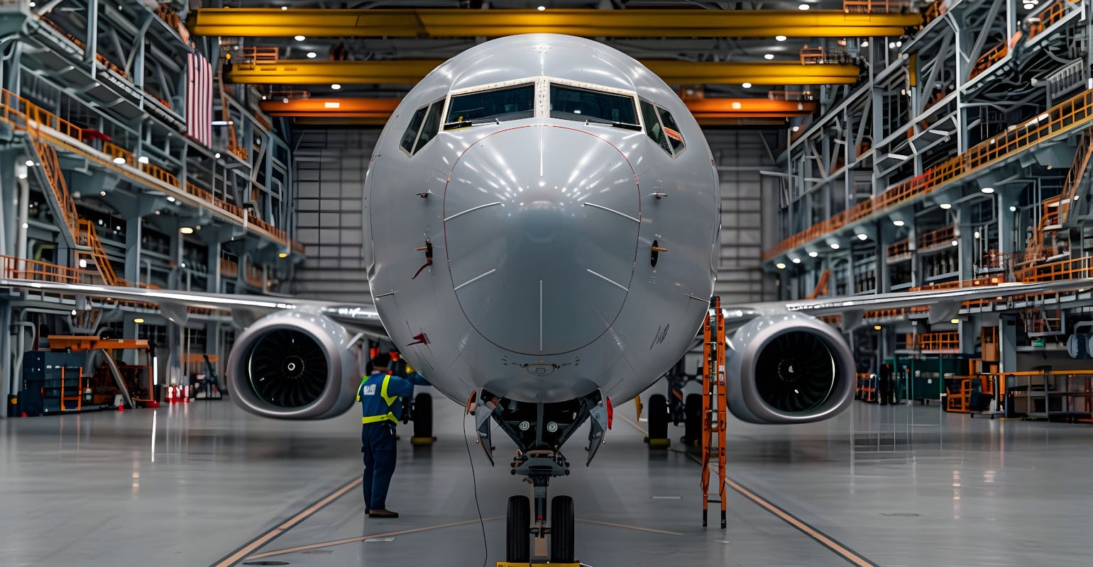 Boeing 737 MAX undergoing maintenance in a hangar.