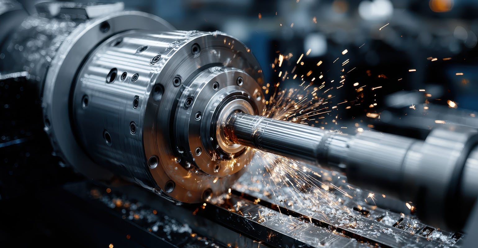 Close-up of a metal workpiece being shaped on a lathe in a machine shop.