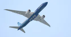 Duvall, Wash., USA - August 9, 2024 - Boeing 779X wide body aircraft N770XW underside isolated with Korean Air logo Duvall, Wash., USA - August 9, 2024 - Boeing 779X wide body aircraft N770XW underside isolated with Korean Air logo