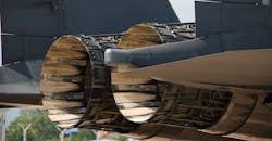 The F-15 is powered by F100 afterburning turbofan engines. The F-15 is powered by F100 afterburning turbofan engines.