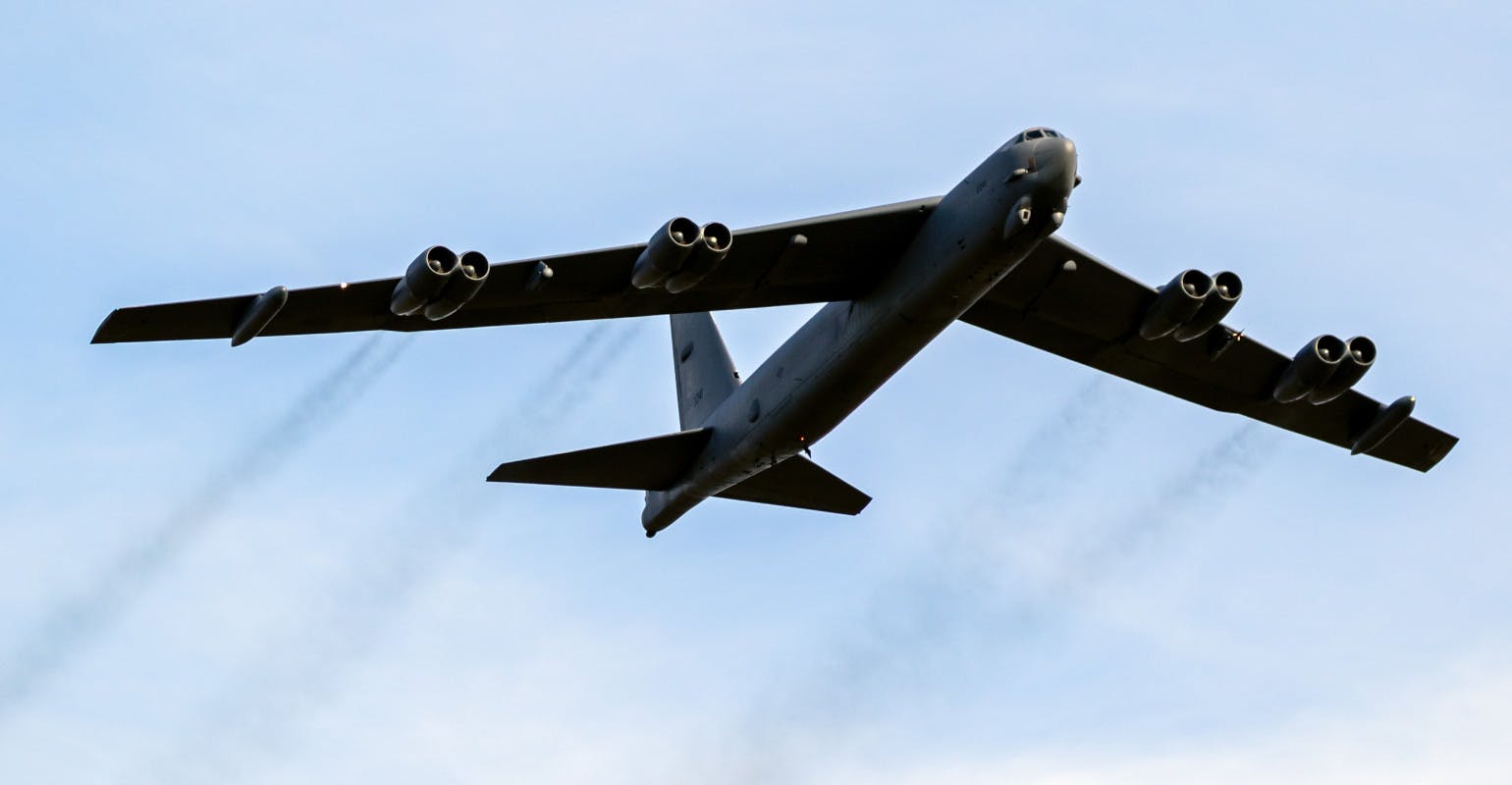 USAF Boeing B-52 Stratofortress bomber performing a low-pass at the Sanice Sunset Airshow, Belgium, 2019.