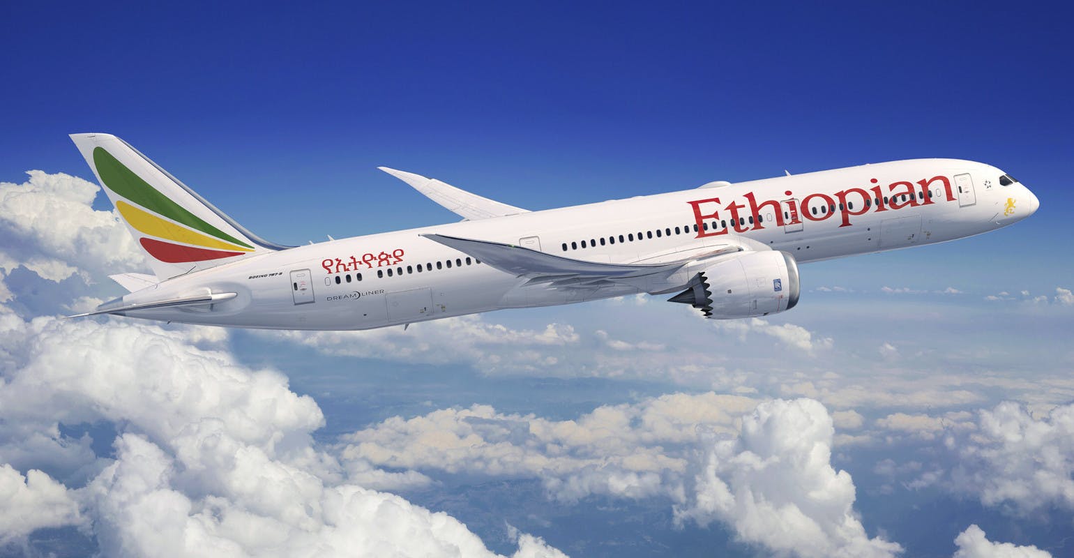 Boeing 787-9 Dreamliner illustrated in Ethiopian Airlines&rsquo; livery.