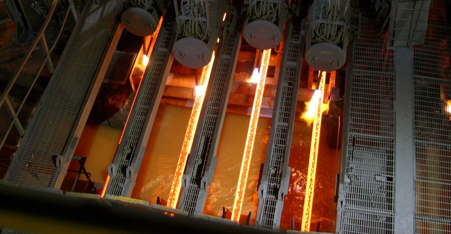 Steel continuous casting in operation.