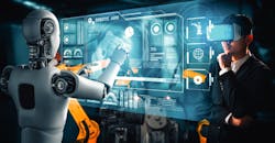 Industrial robot and human worker working together in future factory. Industrial robot and human worker working together in future factory.