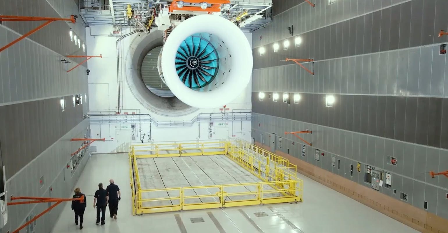 Rolls-Royce UltraFan 80 engine in ground testing, Derby, England.