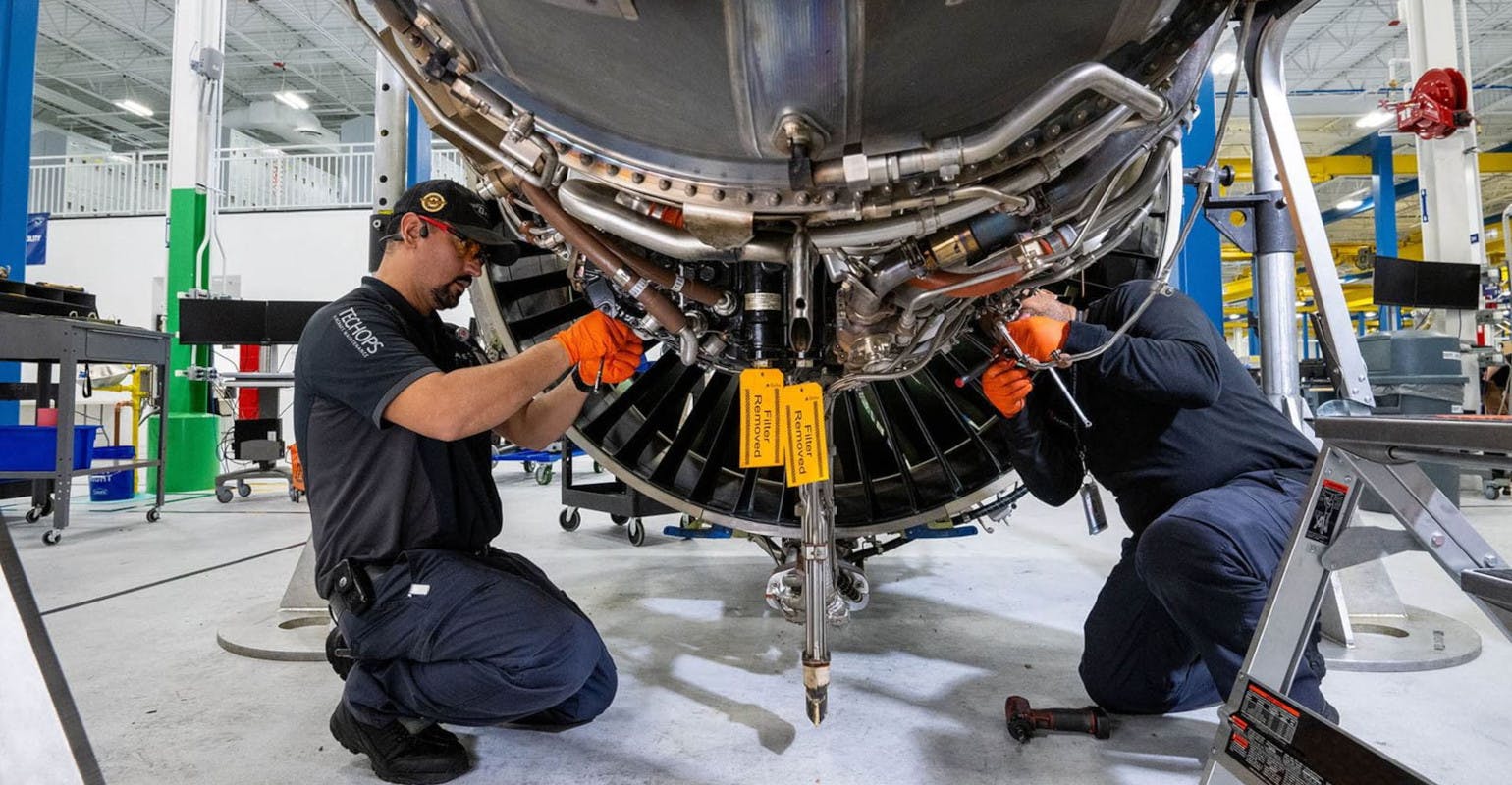 MRO technicians at work on a Pratt & Whitney GTF engine.