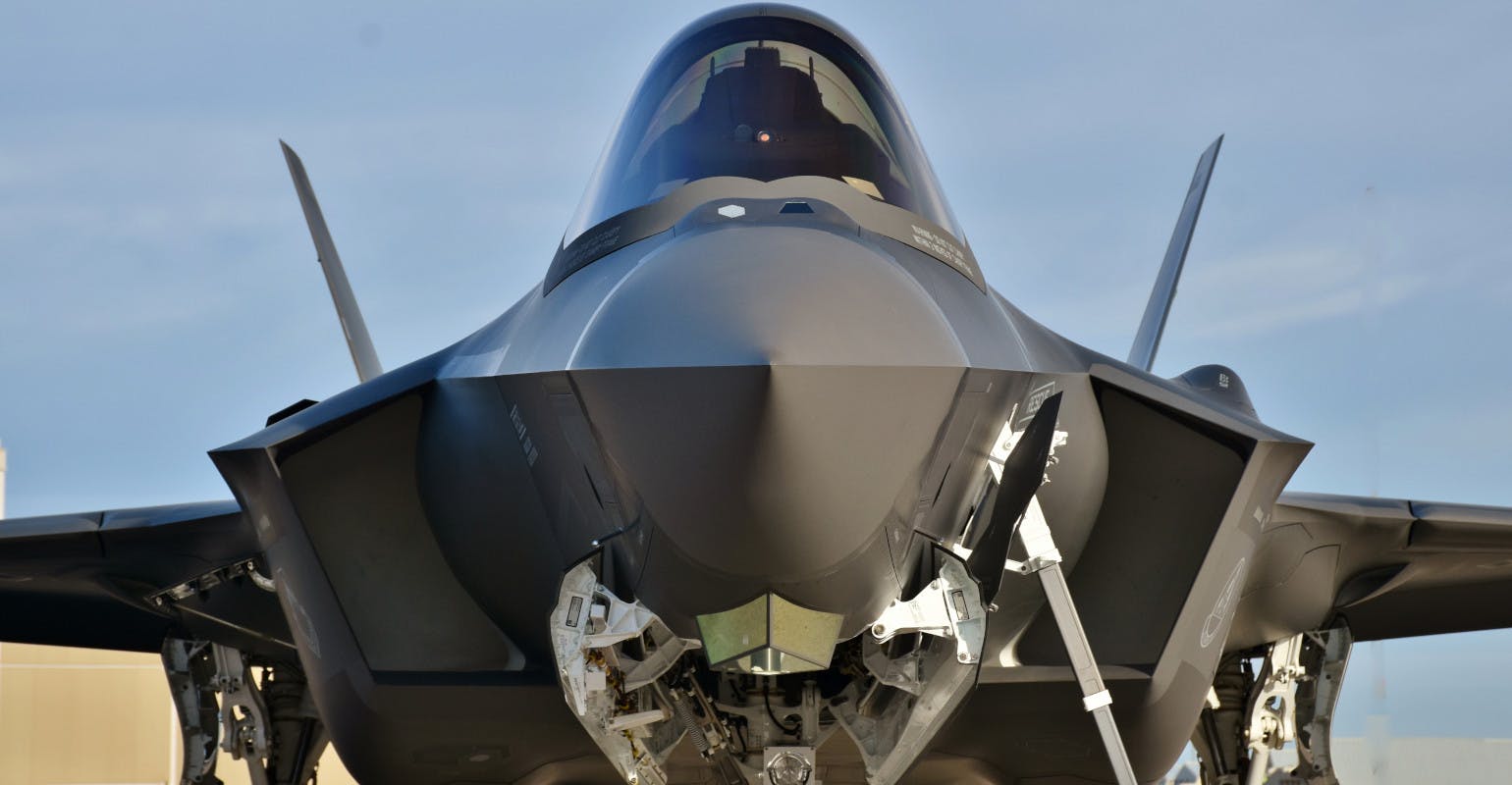 Tucson, USA - March 2, 2018: A U. S. Air Force F-35 Joint Strike Fighter Lightning II jet at Davis Monthan AFB. This F-35 is assigned to Luke AFB.