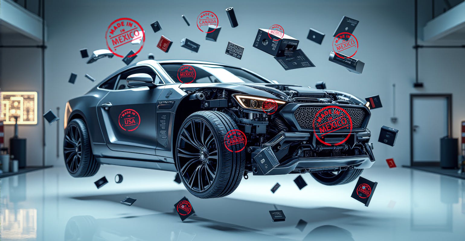 Renegotiation of the USMCA trade agreement: car showing components made in USA, Canada, and Mexico.