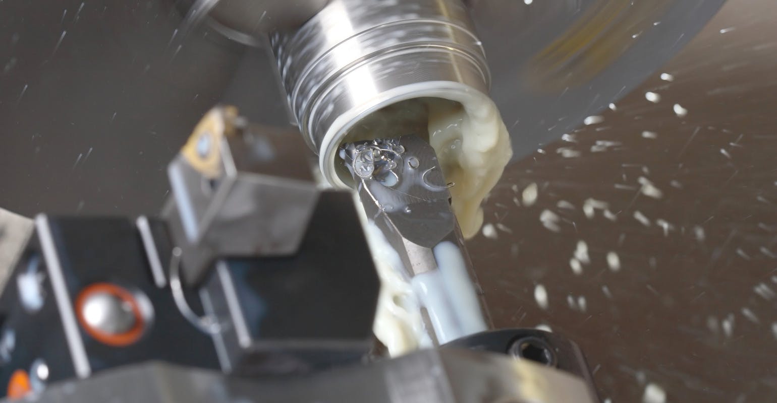 Turning lathe in action - in close up view.