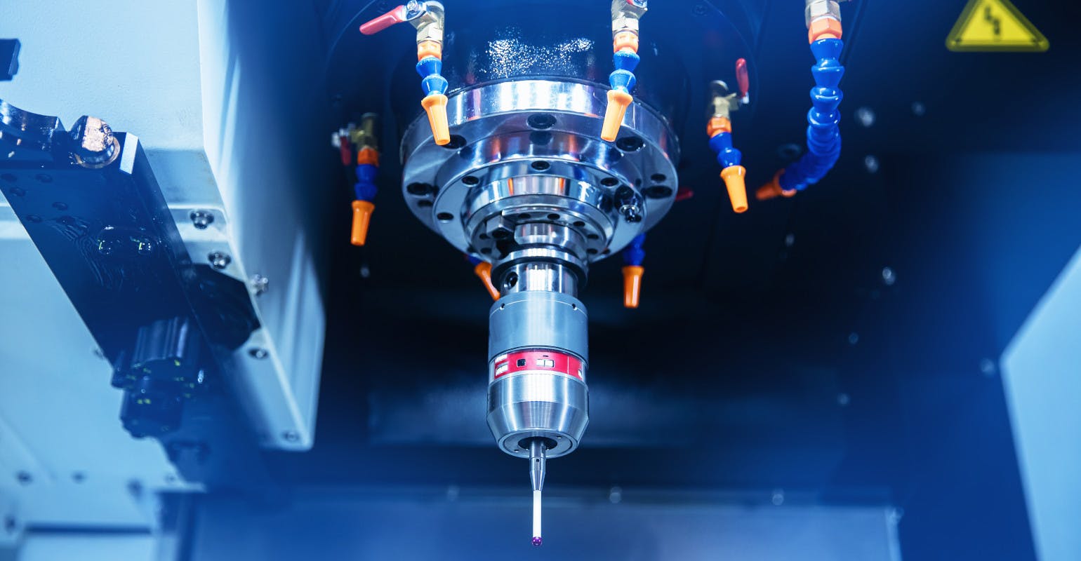 Probe CMM on milling machine. Sensor quality control after machining CNC industrial metal work.
