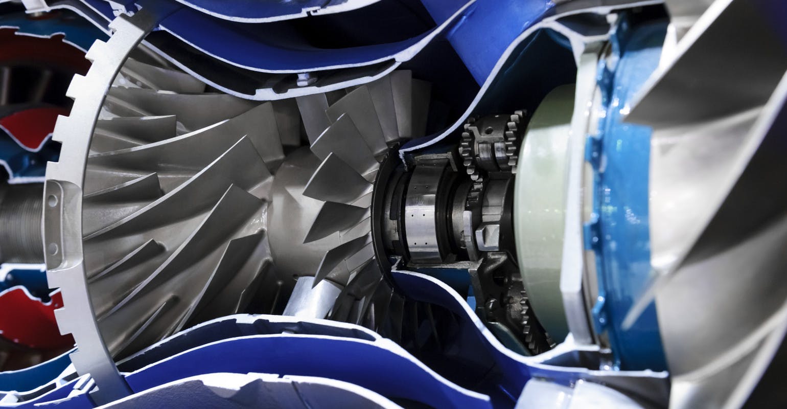 Jet engine cross-section: blades, bearings, etc.