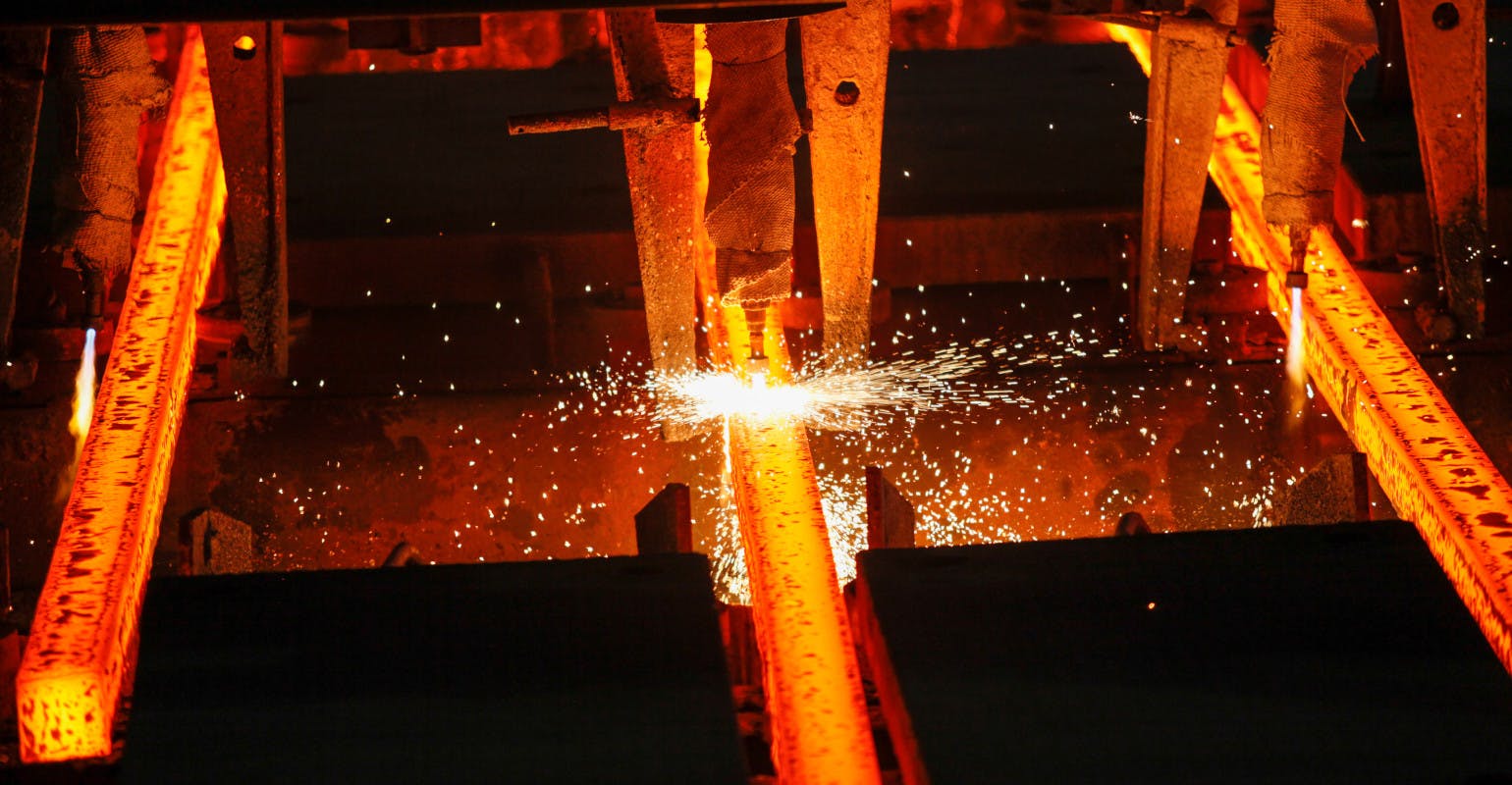 Concast steel billets at oxy-torch cutting.