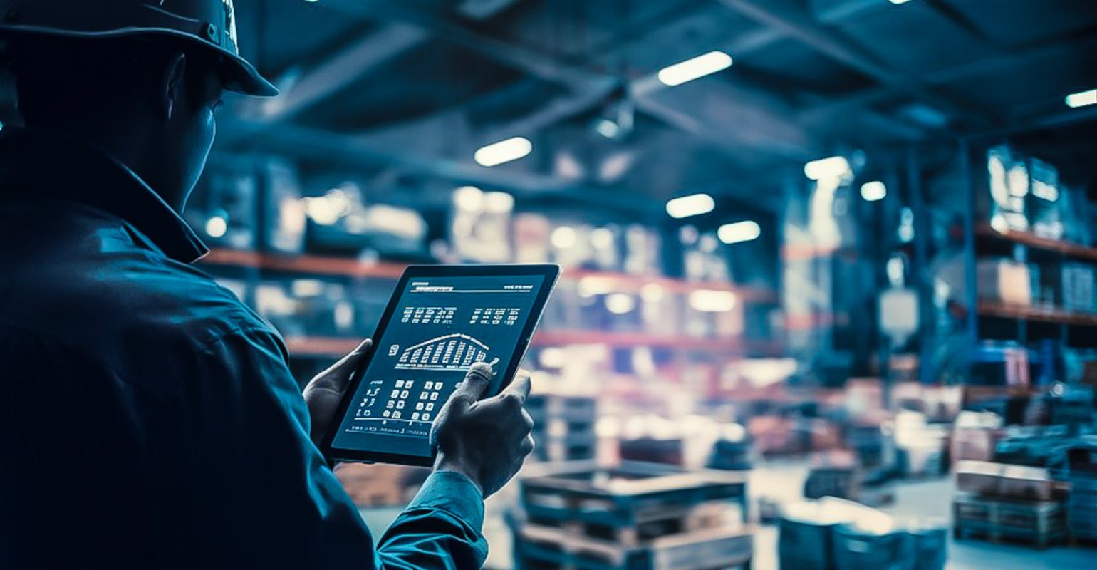 Worker manages industrial warehouse with digital tablet.