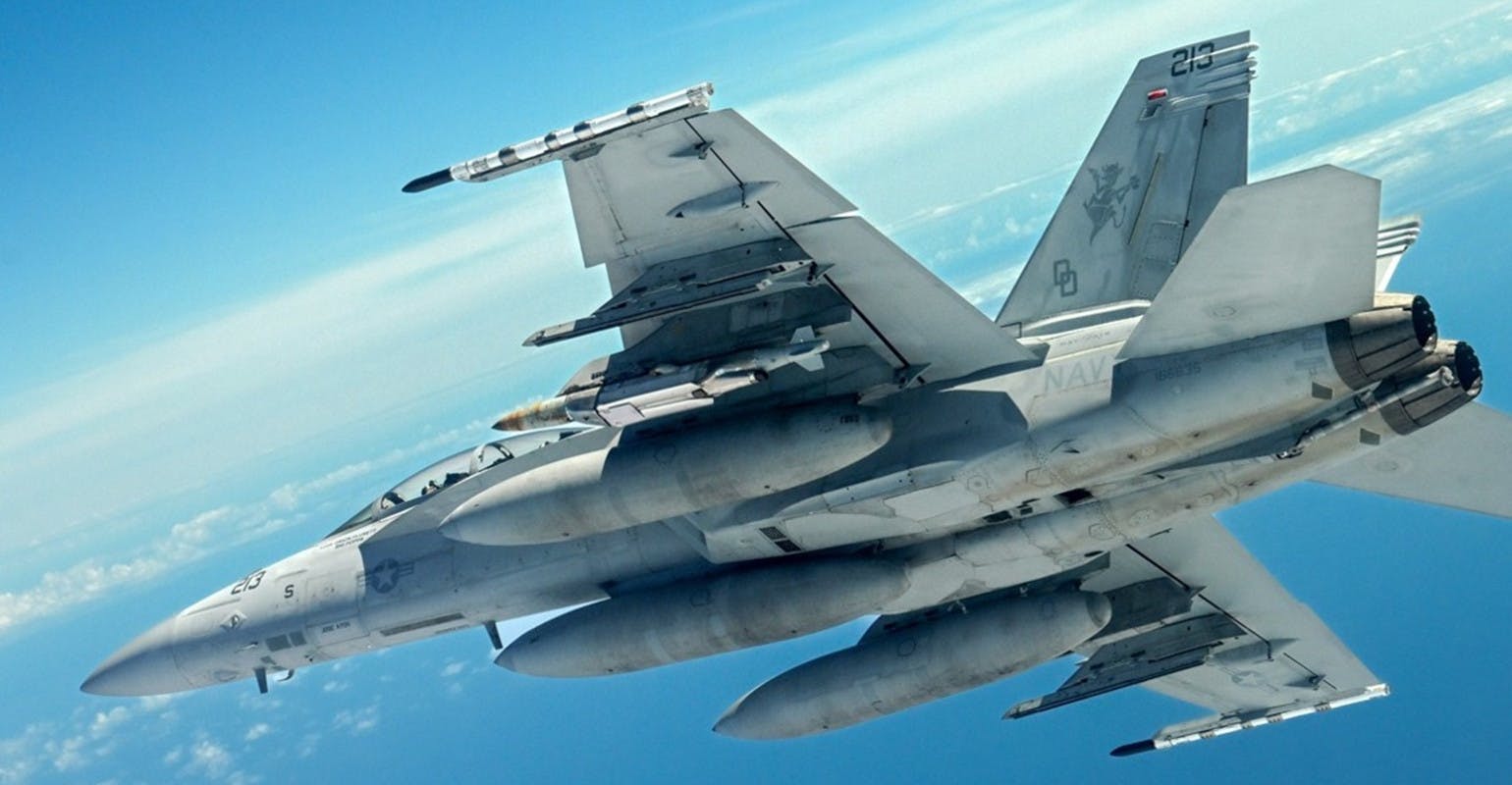 Boeing F/A-18 carries a JDAM Long Range off California coast, on April 1, 2026.